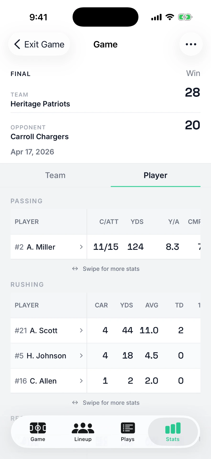 StatHawk player stats for one game: passing and rushing