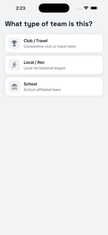 StatHawk team type picker showing Club / Travel, Local / Rec, and School options