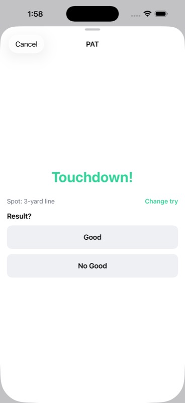StatHawk PAT result screen with Good and No Good buttons after a try attempt