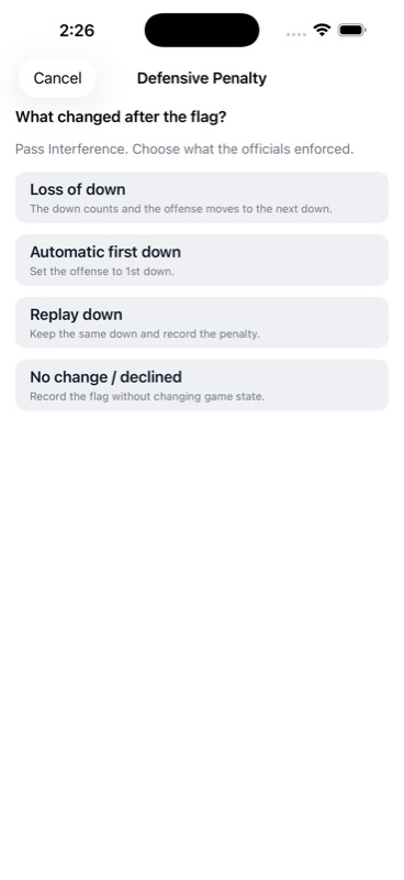 StatHawk Defensive Penalty sheet with Loss of down, Automatic first down, Replay down, and No change / declined options