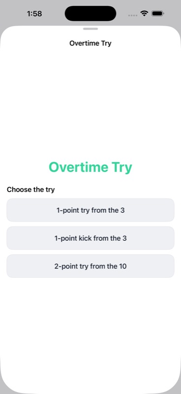 StatHawk Overtime Try selection screen with 1-point try from the 3, 1-point kick from the 3, and 2-point try from the 10 options