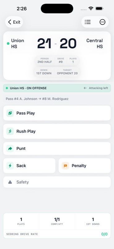 StatHawk live tracker field strip showing period, drive number, down, and zone target during an NFHS high school flag football game