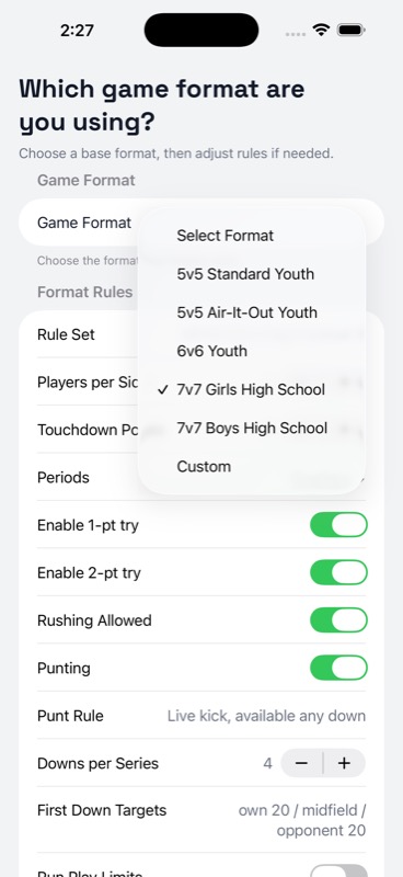 StatHawk game format selector with 7v7 Girls High School chosen and the underlying NFHS rule toggles visible