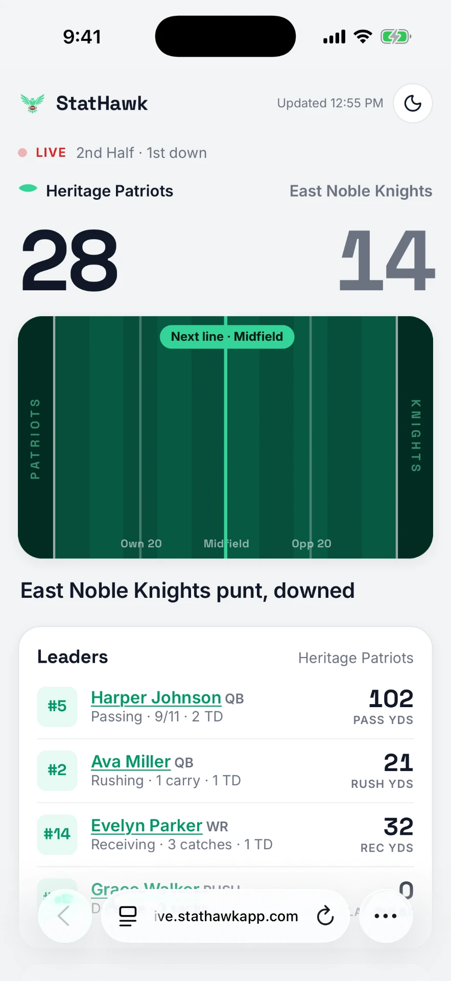 Live Game Link in a phone browser: live score, field and game leaders