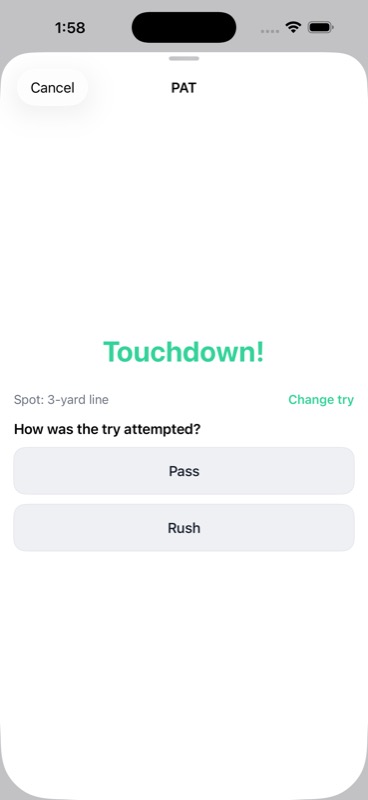 StatHawk PAT detail screen asking how the try was attempted, with Pass and Rush buttons and spot marked at the 3-yard line