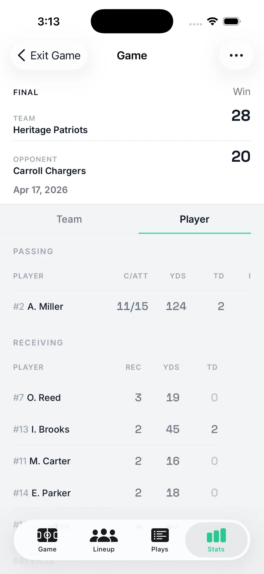 StatHawk player stats page showing passing and receiving lines for a game