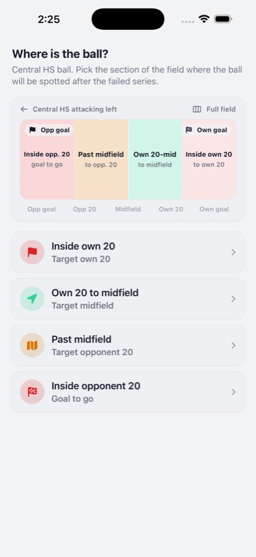 StatHawk Where is the ball prompt with the four field zones shown as colored sections and tappable spot options