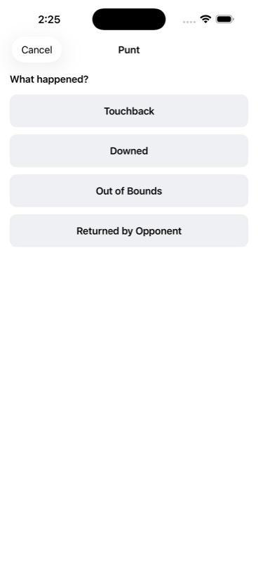 StatHawk Punt result sheet asking What happened with options Touchback, Downed, Out of Bounds, and Returned by Opponent