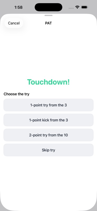 StatHawk post-touchdown PAT screen showing 1-point try from the 3, 1-point kick from the 3, 2-point try from the 10, and Skip try options