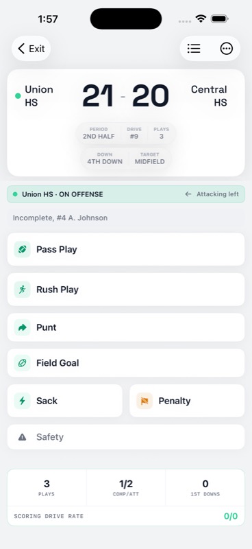StatHawk fourth-down play menu under NFHS rules showing Pass Play, Rush Play, Punt, Field Goal, Sack, Penalty, and Safety options