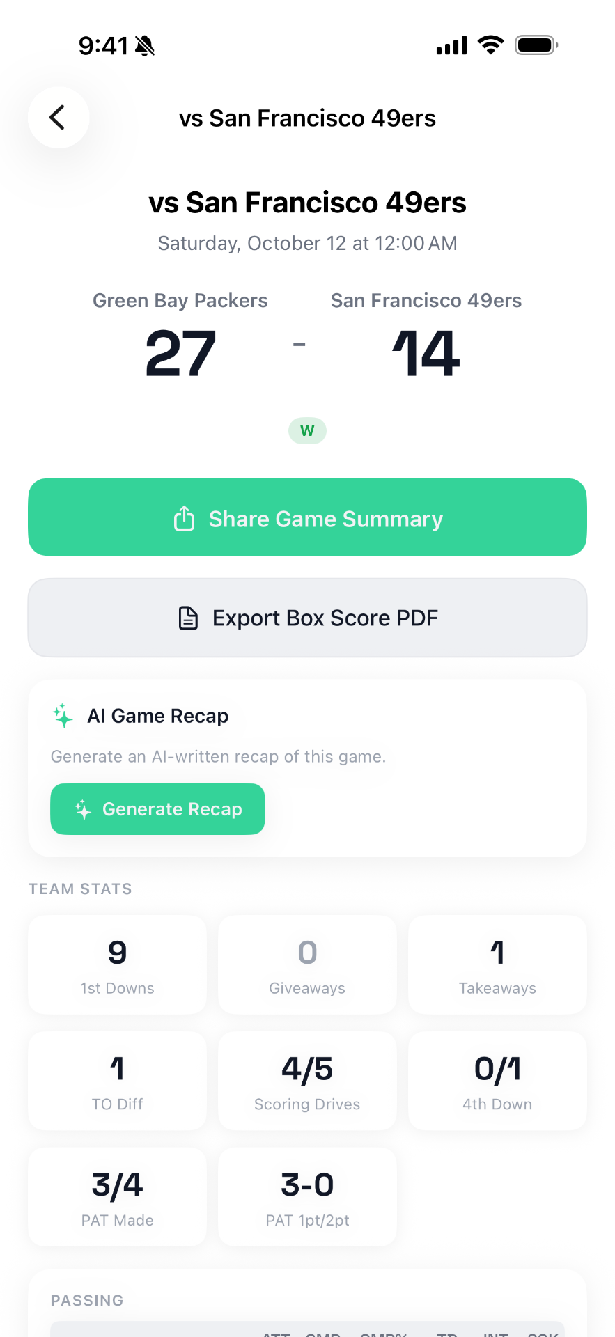 Box score with share and PDF export options