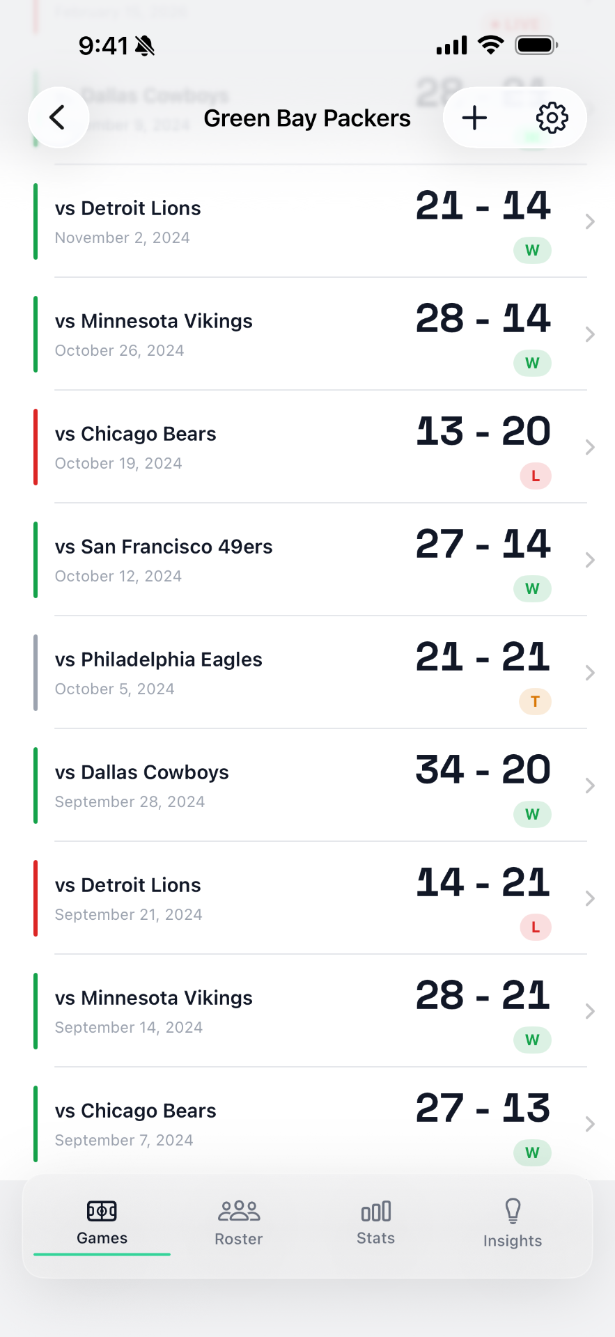 Games list showing season schedule and scores