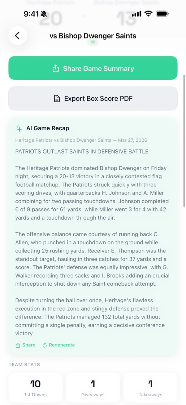 StatHawk AI-generated game recap summary