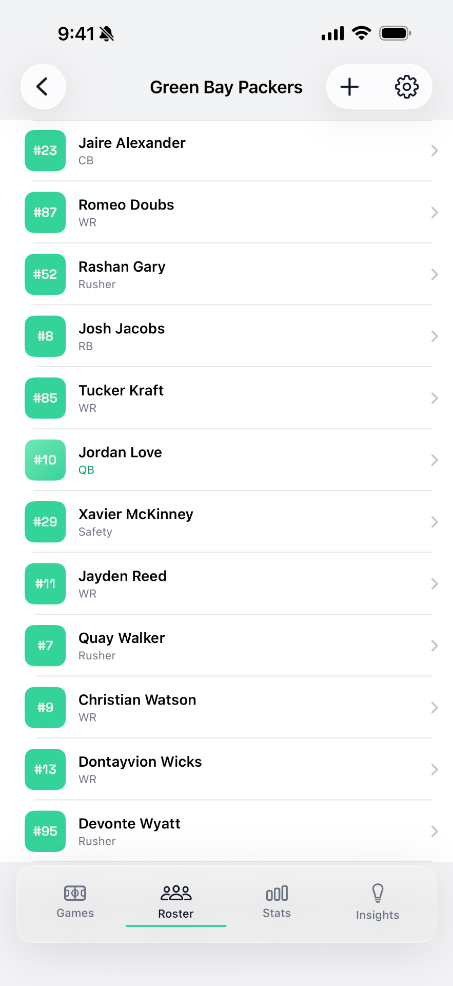 Team roster with player numbers and positions