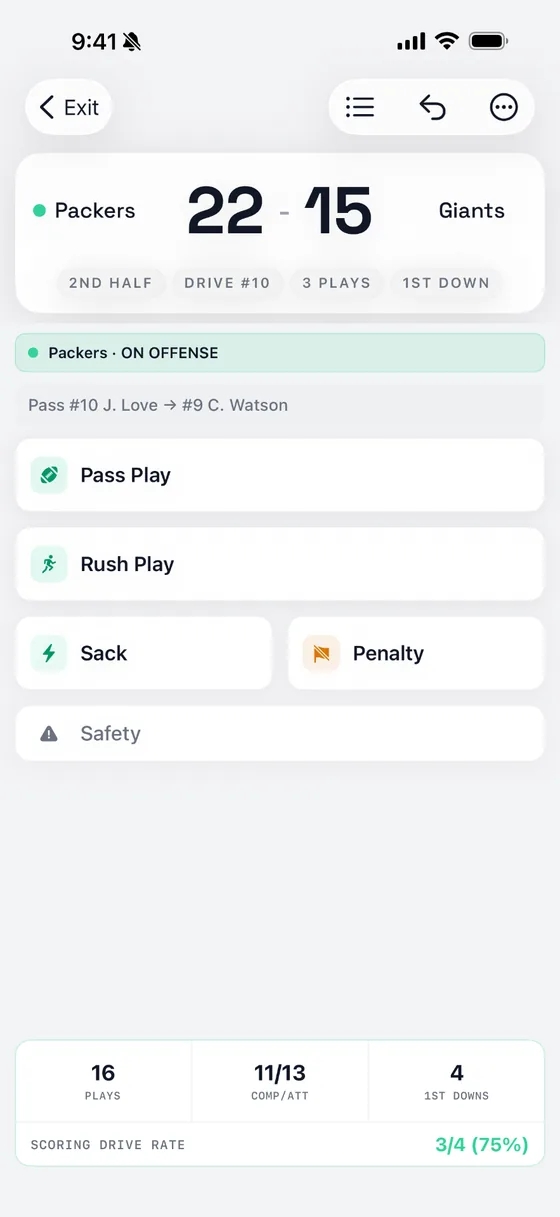 StatHawk live game tracking interface showing offense view