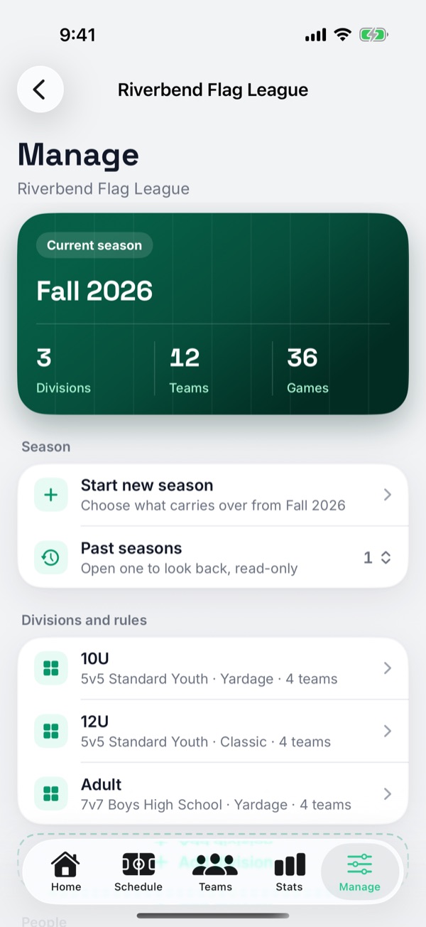 A league's divisions, each with its own format and tracking