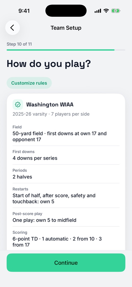 StatHawk team setup with the Washington WIAA rule set